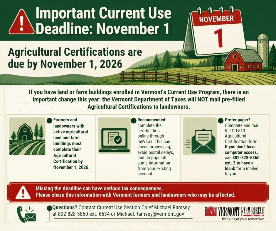 Important Current Use Agricultural Certification Update: November 1 Deadline Important Current Use Agricultural Certification Update: November 1 Deadline